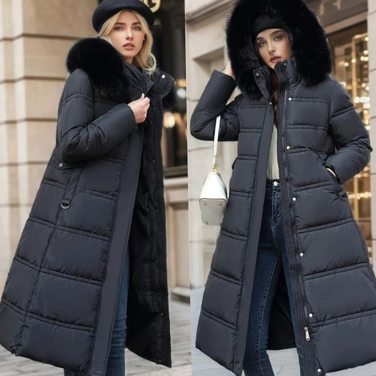 Parka larga de invierno para mujer con capucha de piel de diseño