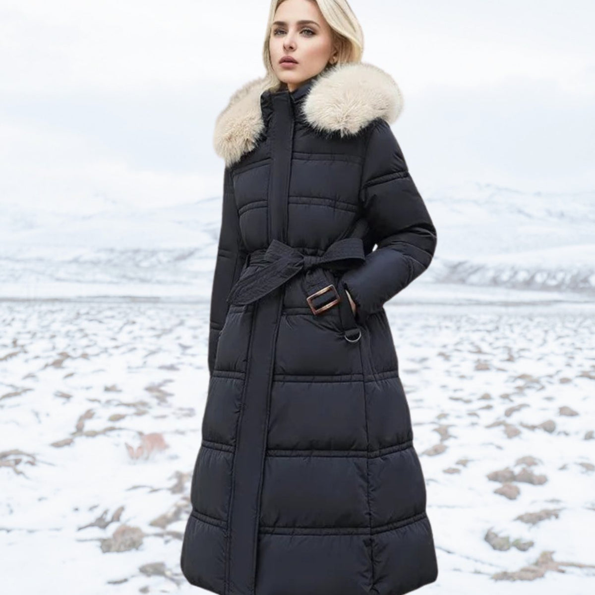 Parka larga de invierno para mujer con capucha de piel de diseño