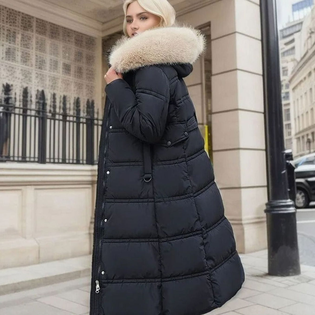 Parka larga de invierno para mujer con capucha de piel de diseño