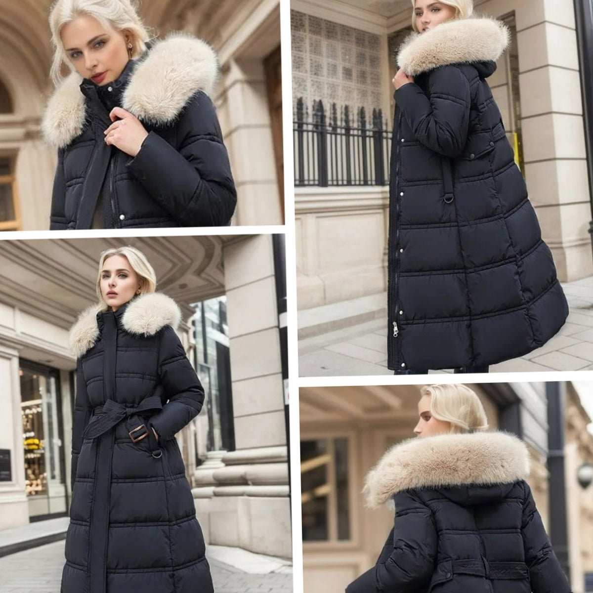 Parka larga de invierno para mujer con capucha de piel de diseño