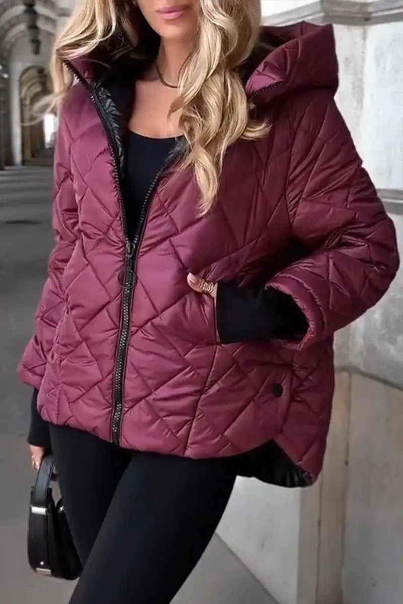 Chaqueta acolchada con capucha y cremallera para mujer, acolchada con patrón de rombos