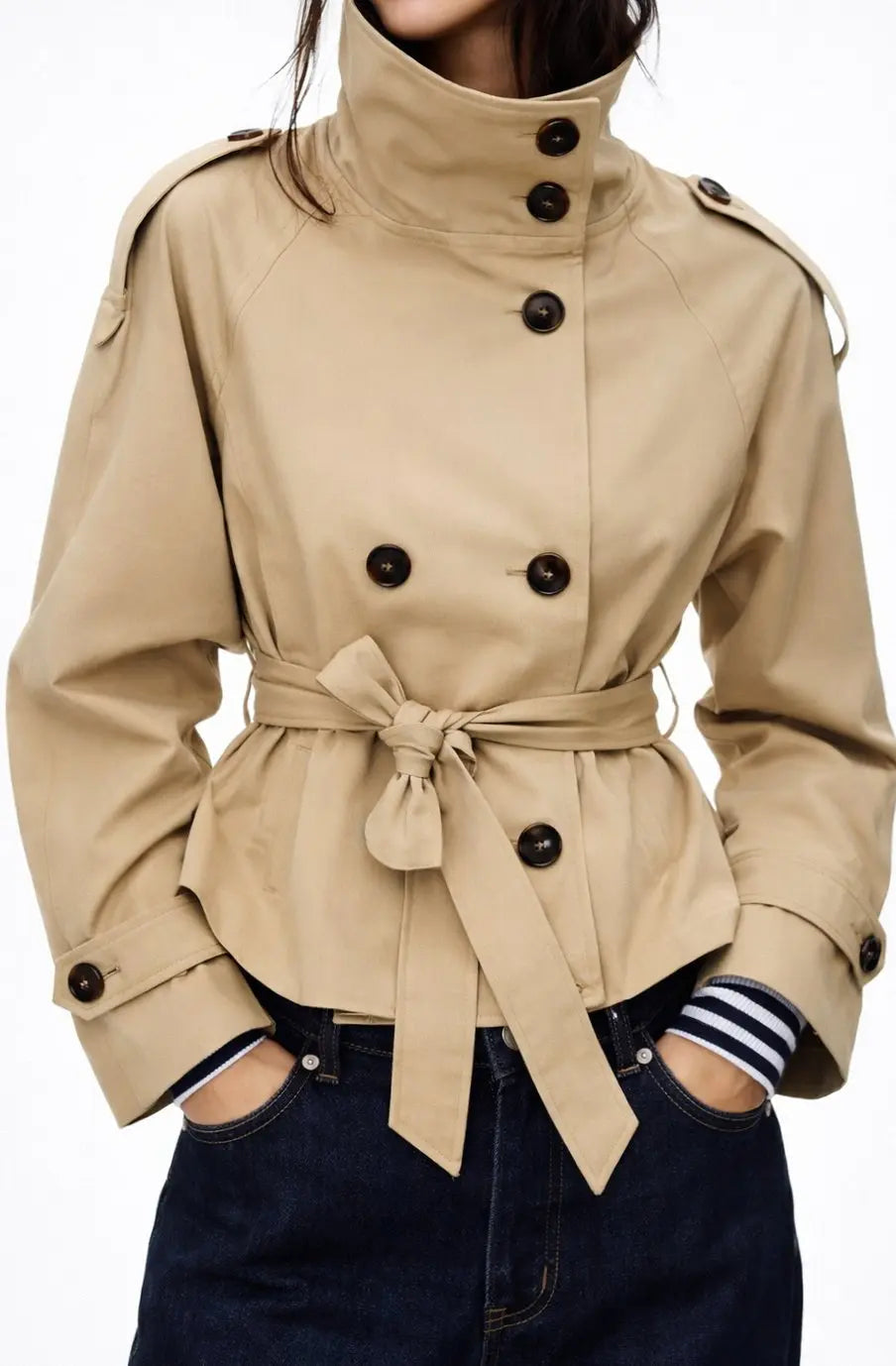 Gabardina tipo blazer cruzada para mujer con cinturón