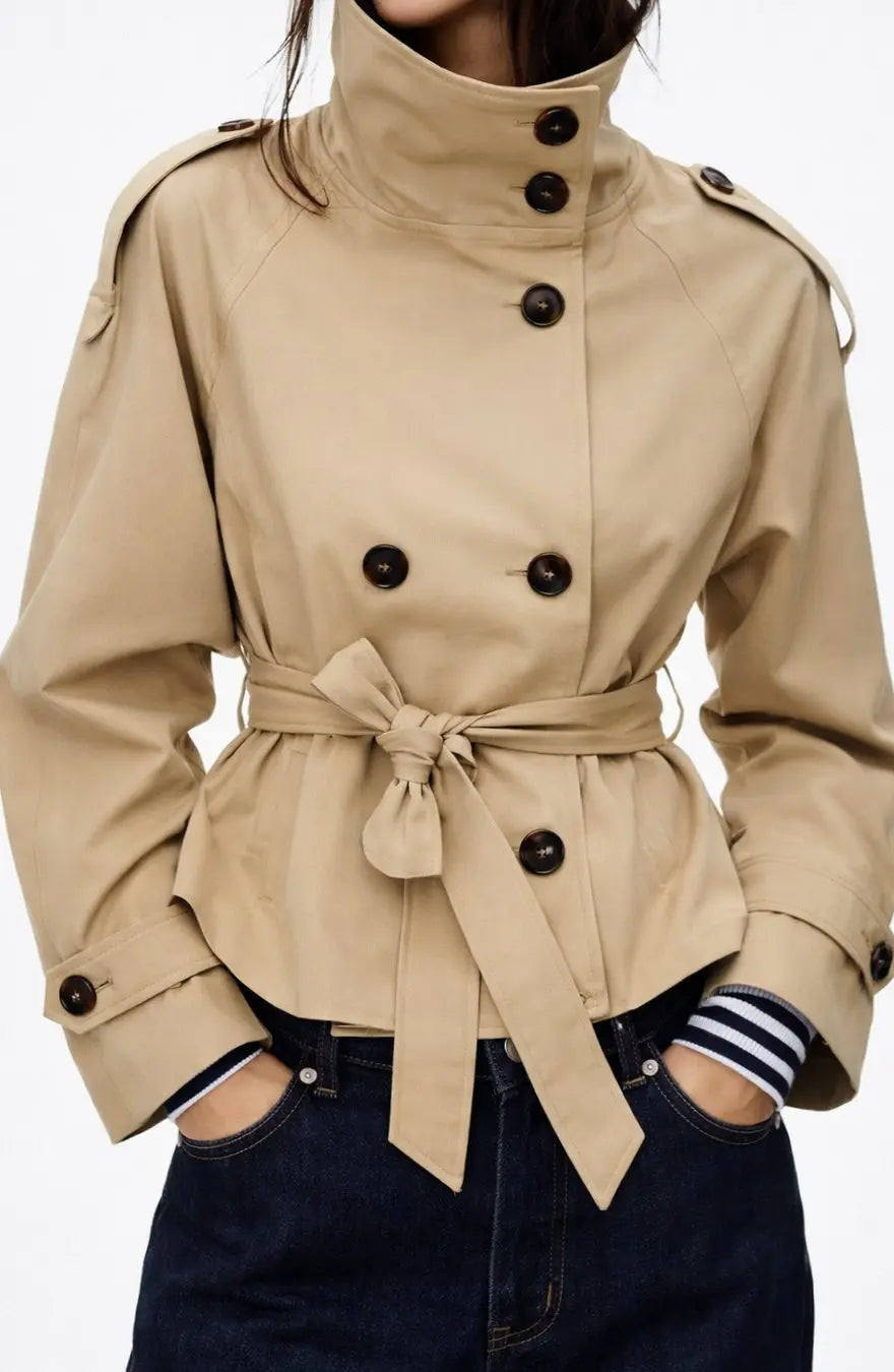 Gabardina tipo blazer cruzada para mujer con cinturón