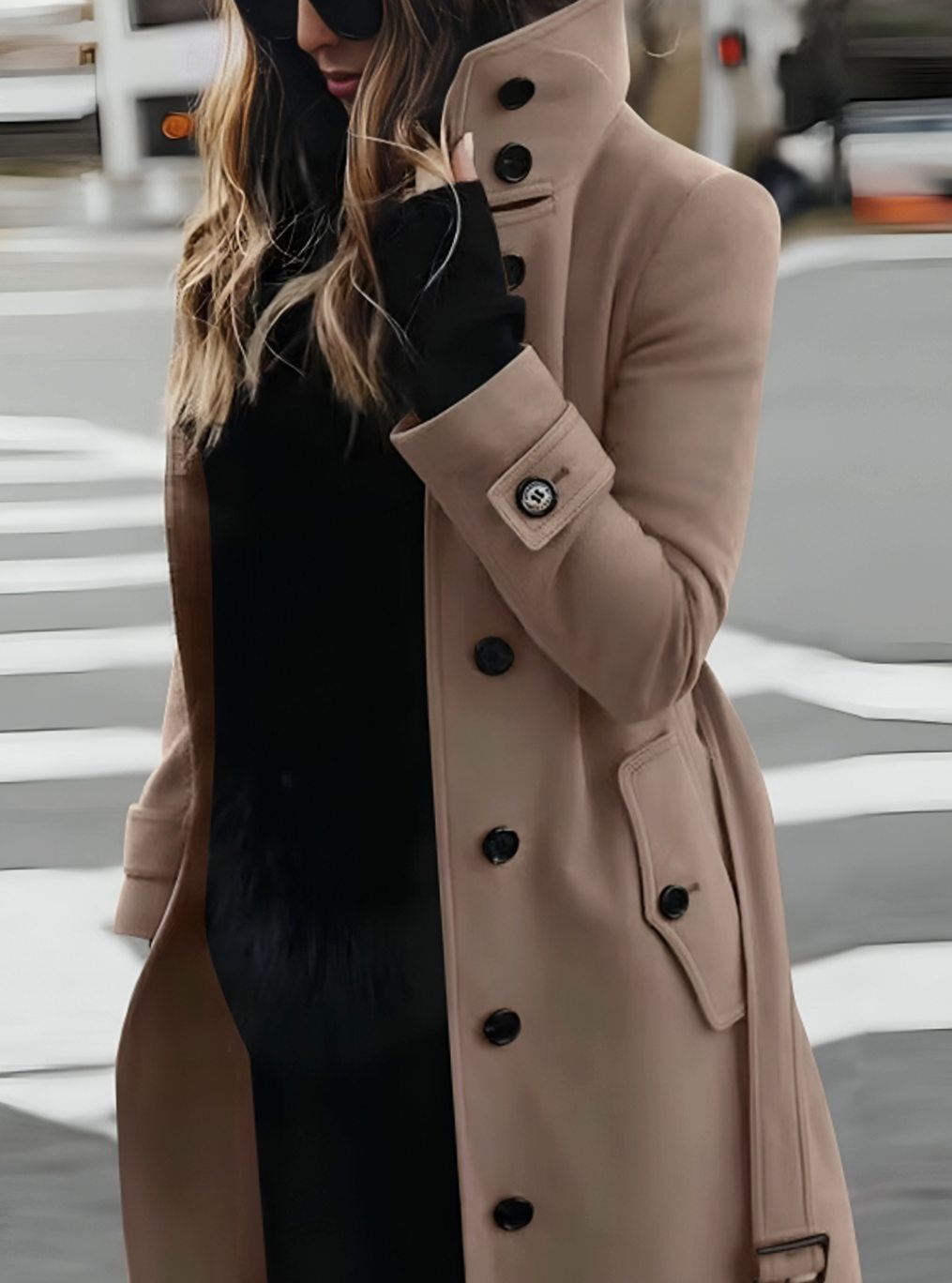 Gabardina larga cruzada para mujer con cinturón y cuello alto