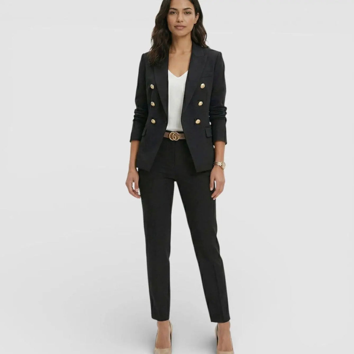 Conjunto de traje para mujer con blazer y pantalón entallados cruzados y botones dorados
