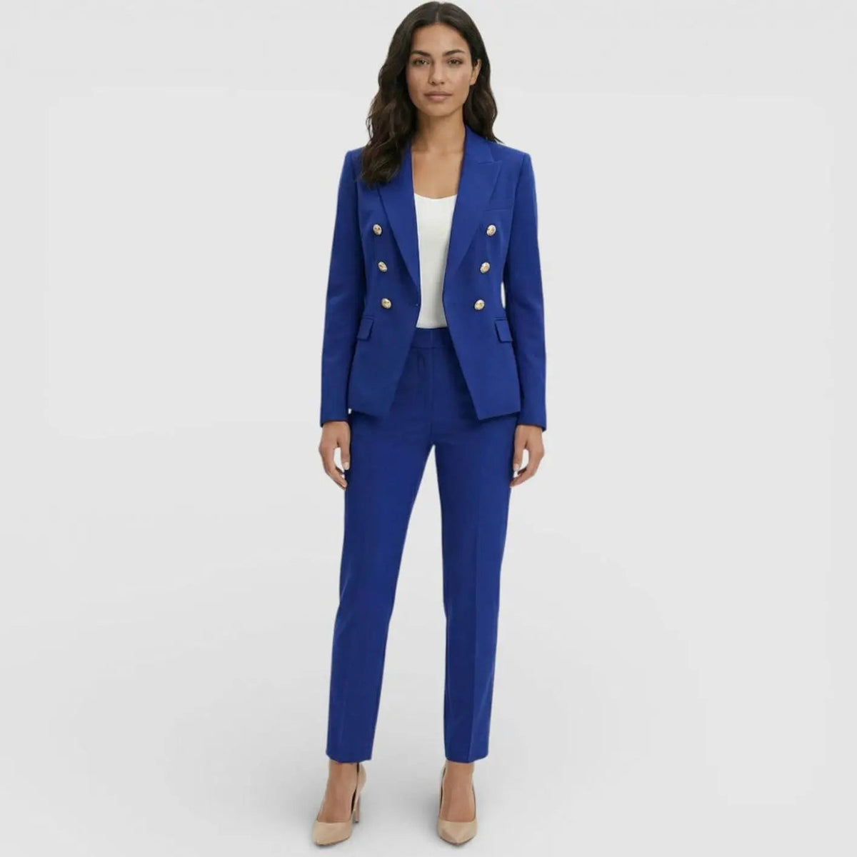 Conjunto de traje para mujer con blazer y pantalón entallados cruzados y botones dorados