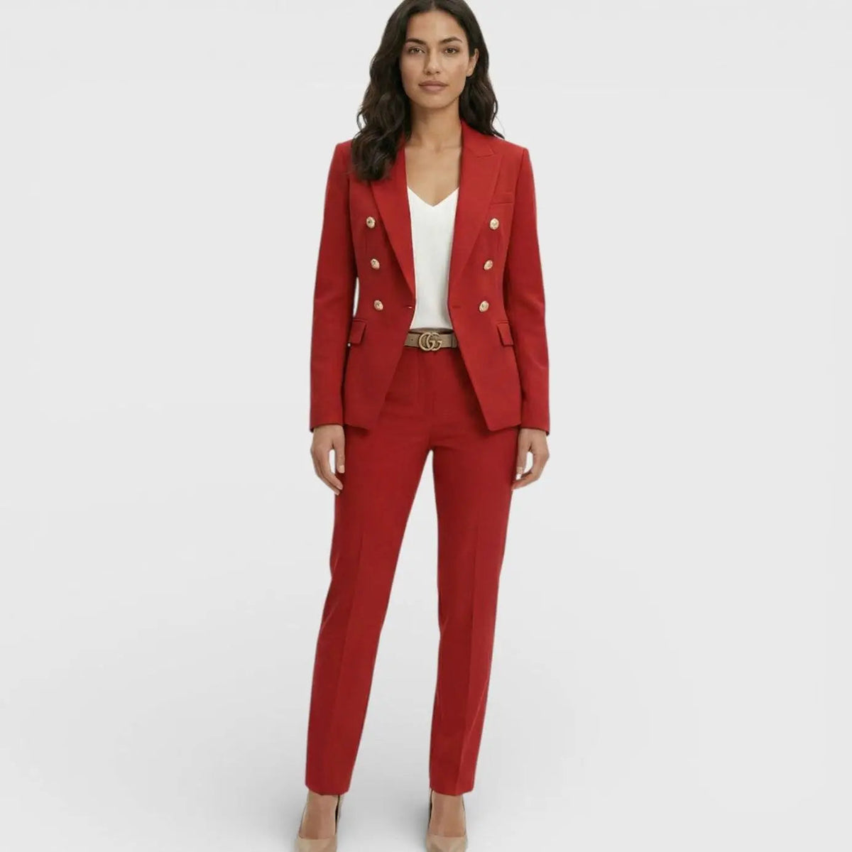 Conjunto de traje para mujer con blazer y pantalón entallados cruzados y botones dorados