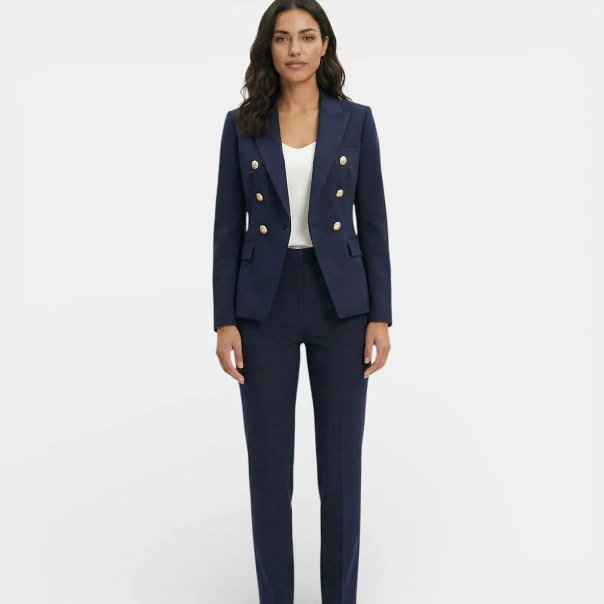 Conjunto de traje para mujer con blazer y pantalón entallados cruzados y botones dorados