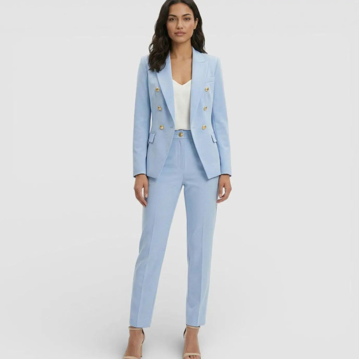 Conjunto de traje para mujer con blazer y pantalón entallados cruzados y botones dorados
