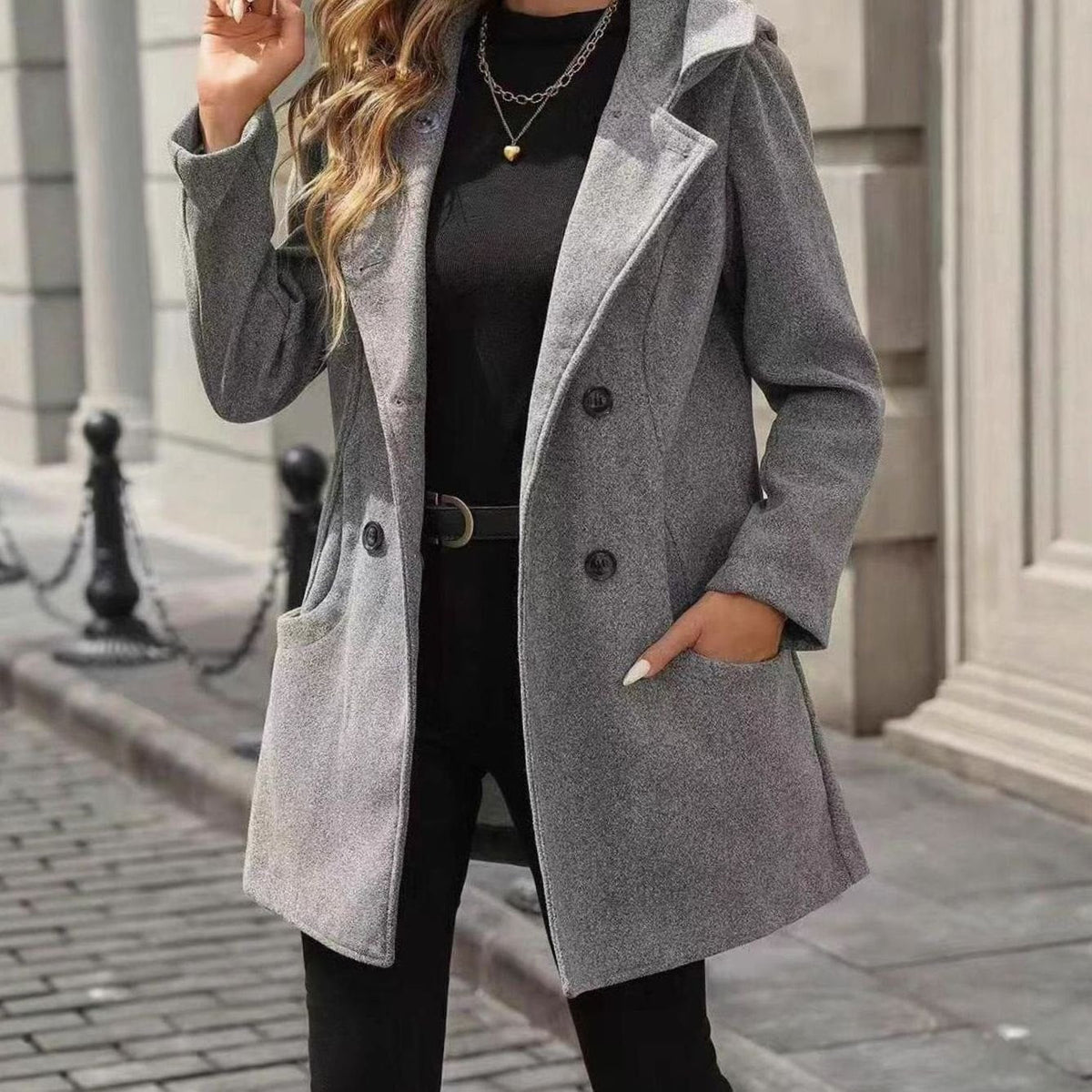 Abrigo midi de mezcla de lana de mujer con solapas, doble botonadura y bolsillos