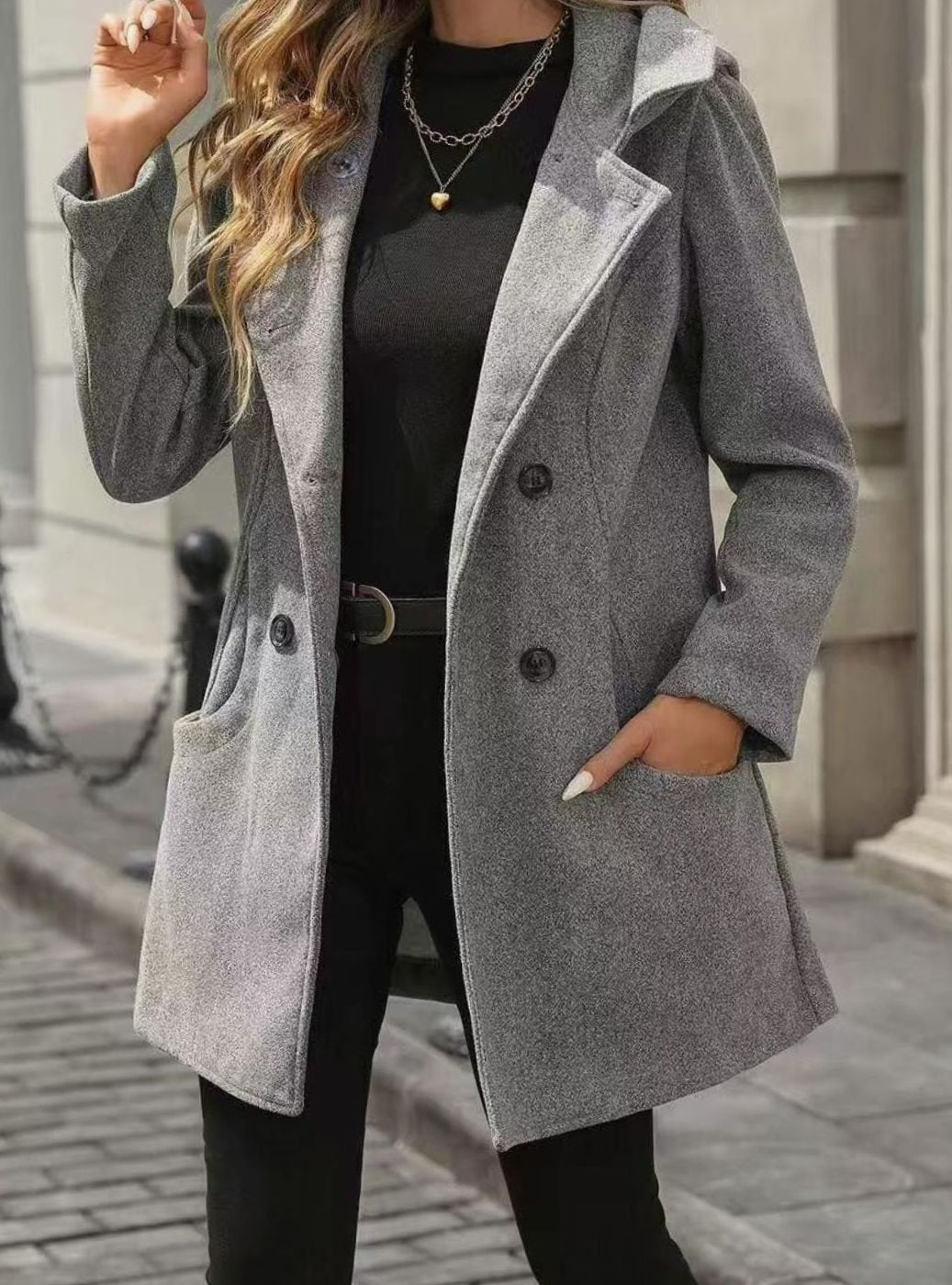 Abrigo midi de mezcla de lana de mujer con solapas, doble botonadura y bolsillos