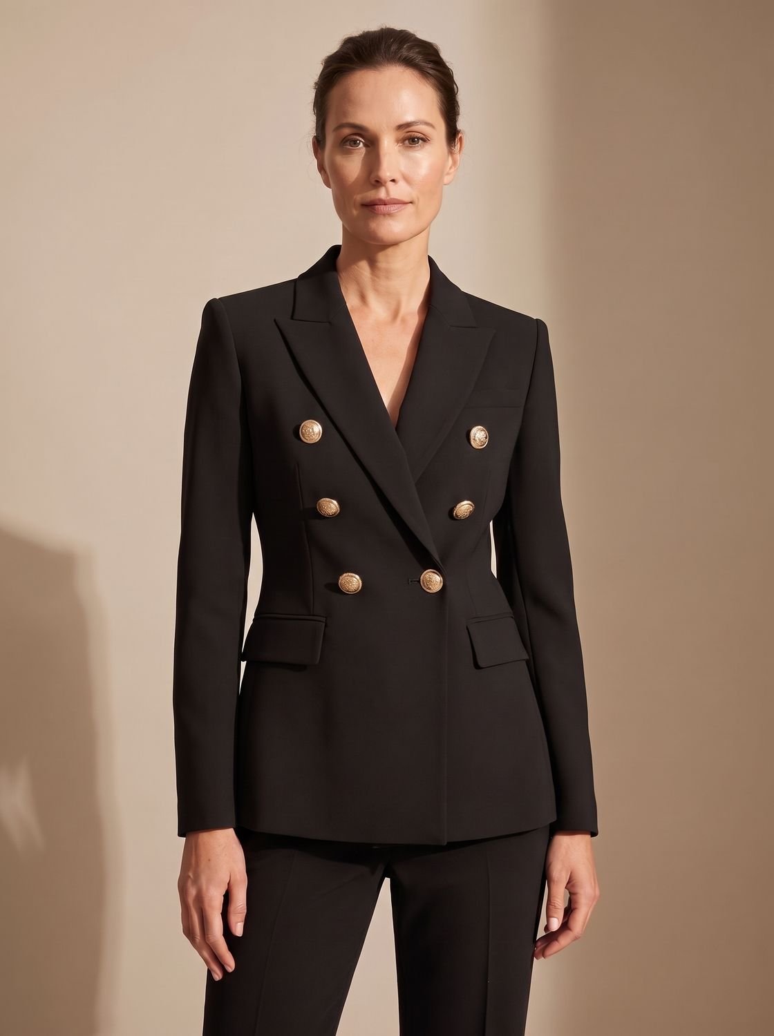 Blazer entallado de mujer con doble botonadura y botones dorados
