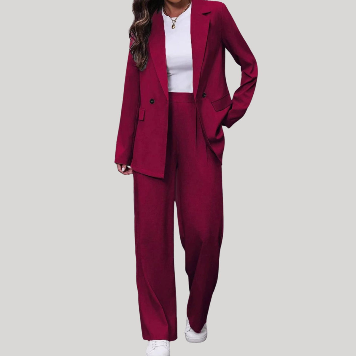 Traje de pantalón de sastrería de mujer con doble botonadura y pierna ancha, burdeos