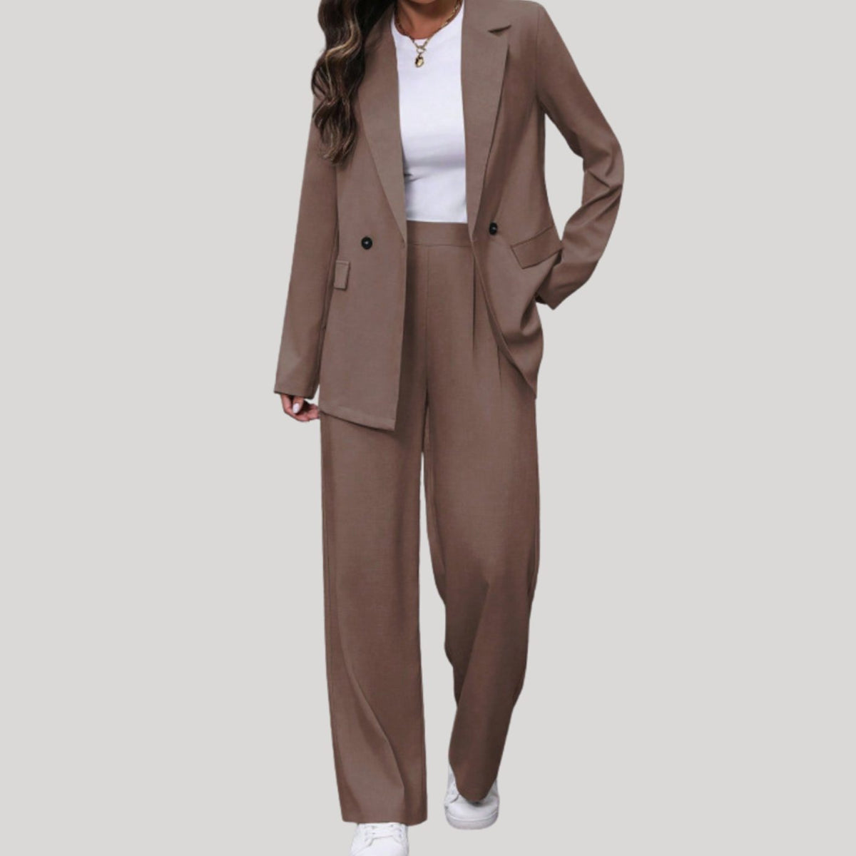 Traje de pantalón de sastrería de mujer con doble botonadura y pierna ancha, burdeos
