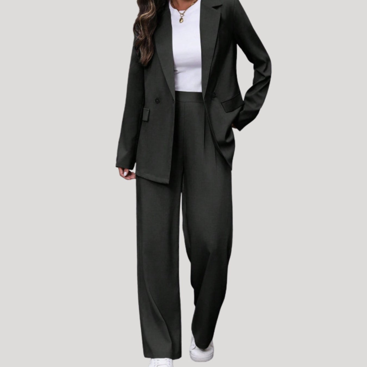 Traje de pantalón de sastrería de mujer con doble botonadura y pierna ancha, burdeos