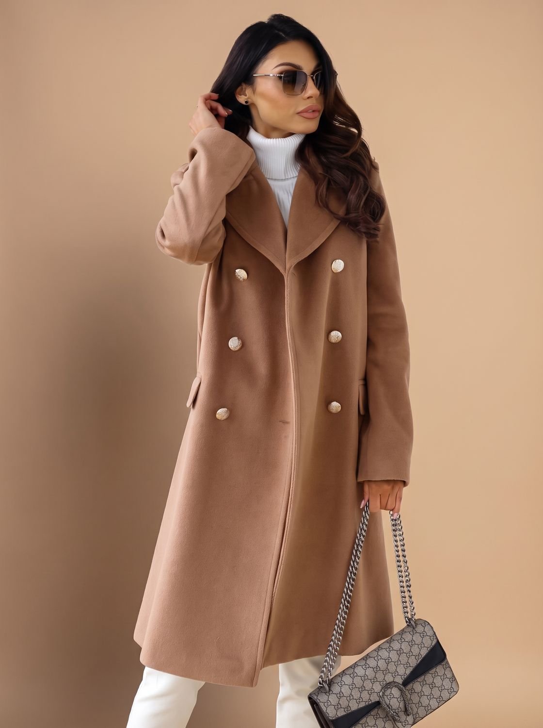 Olivia | Abrigo de lana para mujer, cruzado, con botones dorados y solapa con muesca