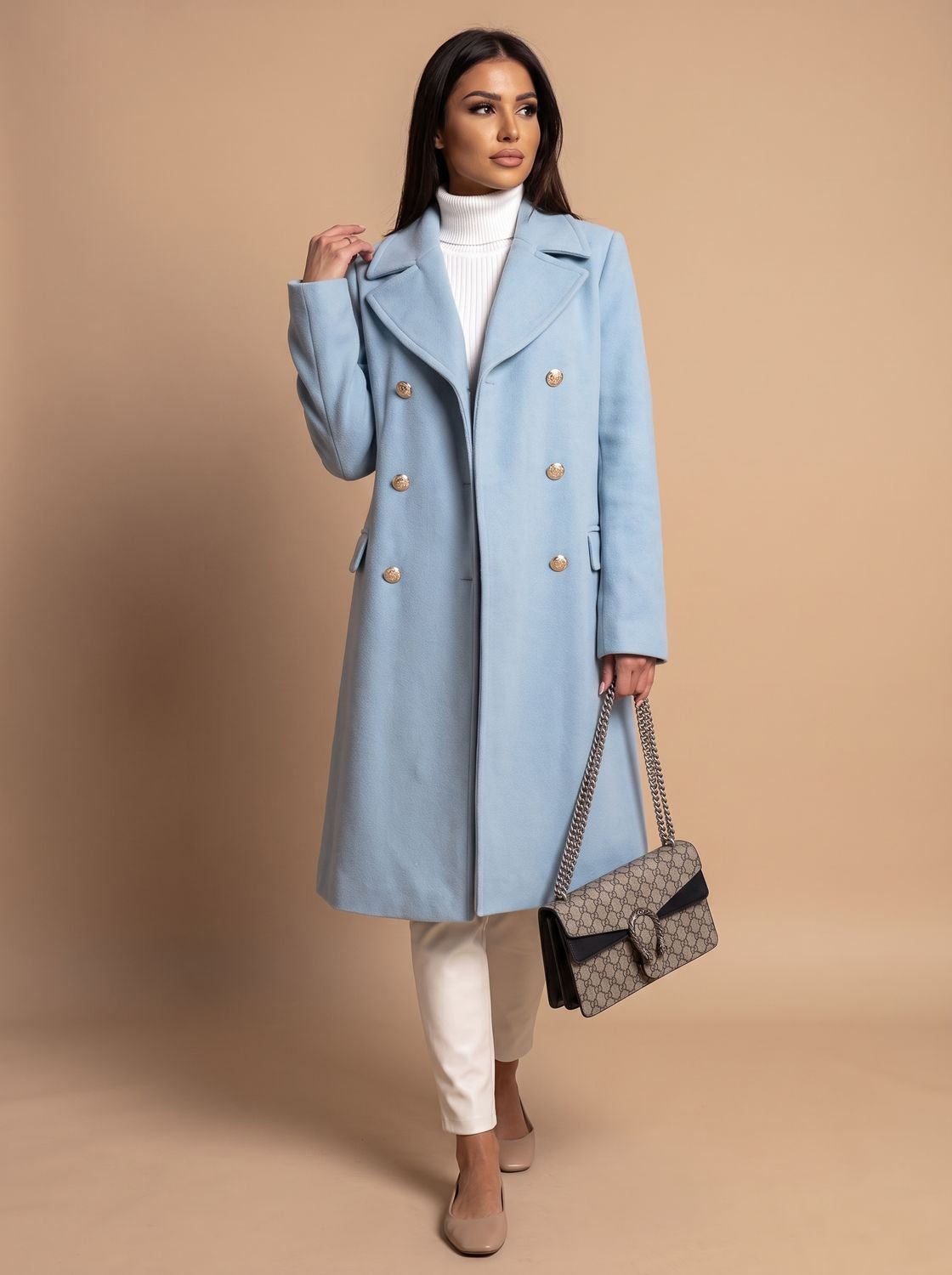 Olivia | Abrigo de lana para mujer, cruzado, con botones dorados y solapa con muesca