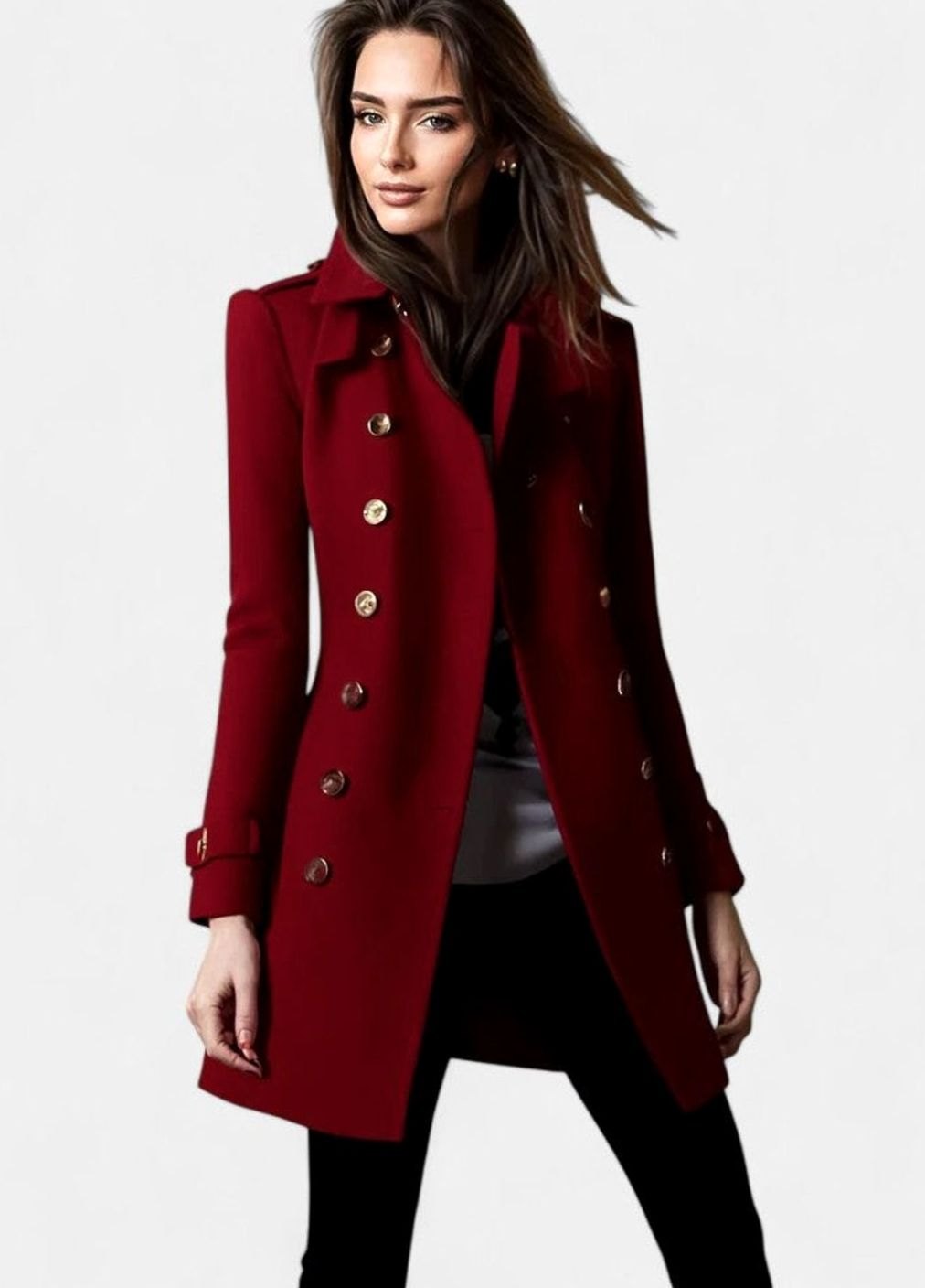 Abrigo elegante de invierno de mujer con doble botonadura