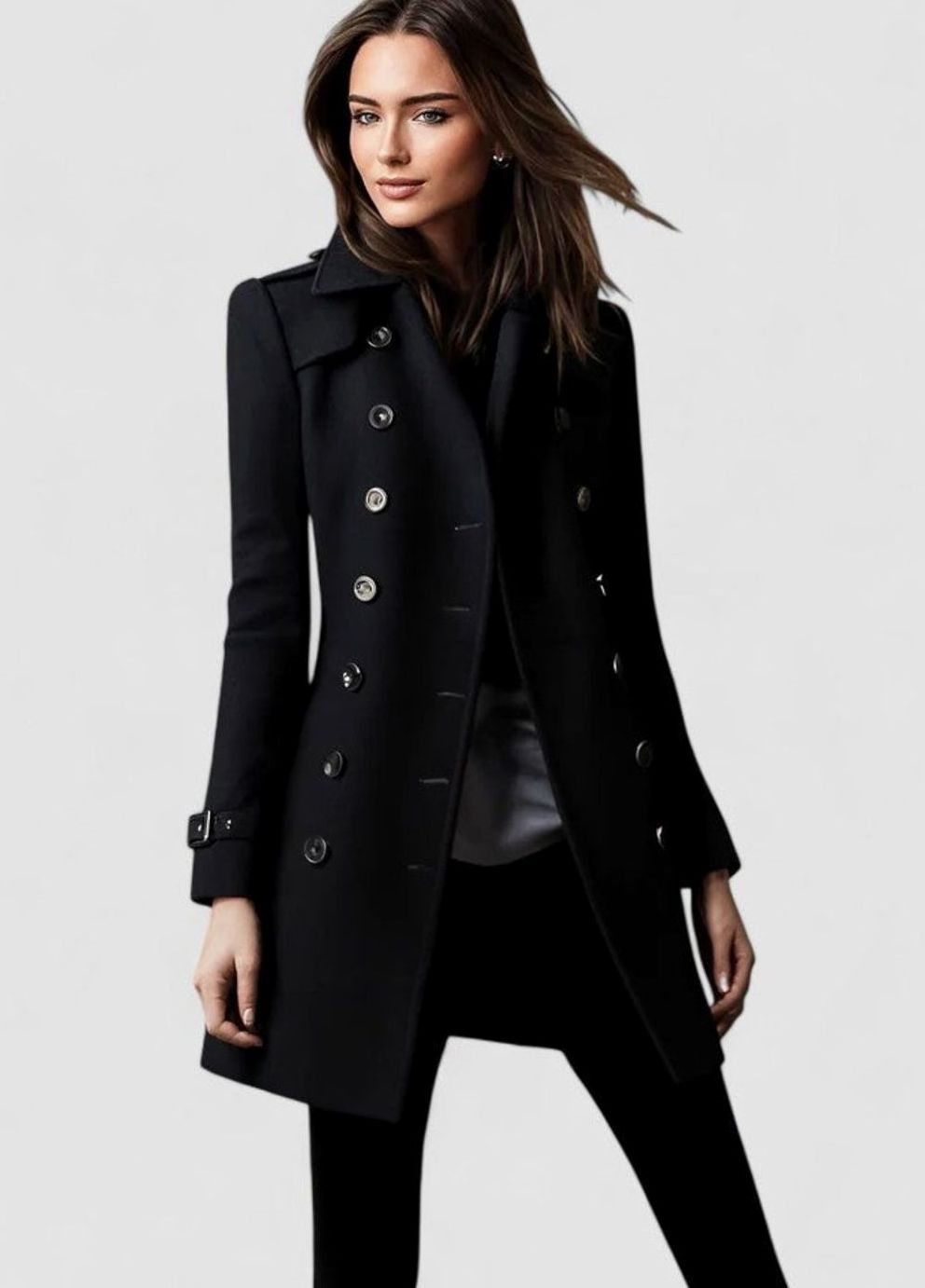 Abrigo elegante de invierno de mujer con doble botonadura