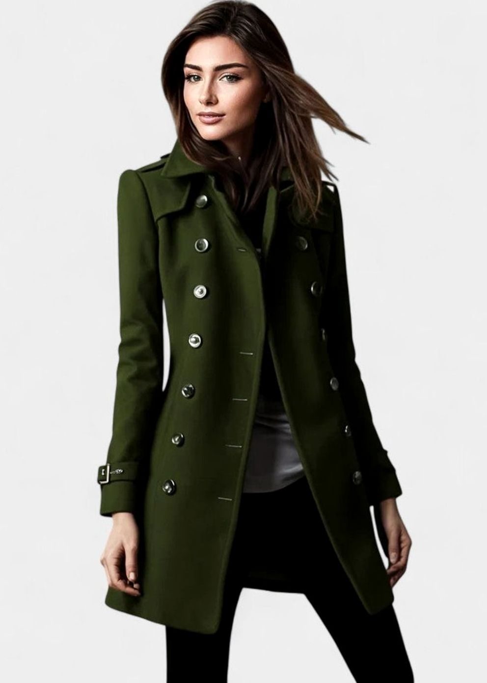 Abrigo elegante de invierno de mujer con doble botonadura