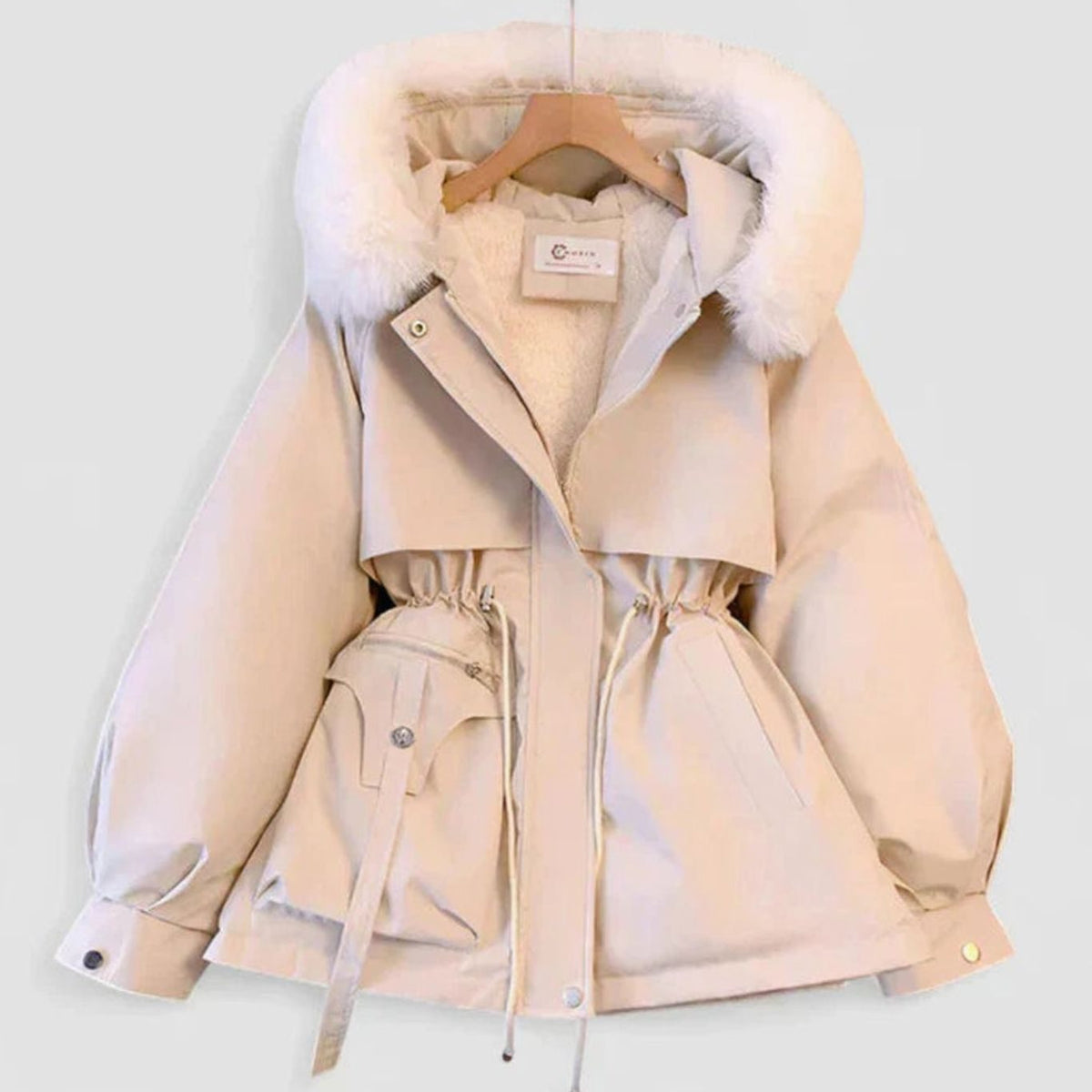 Chaqueta acolchada elegante de invierno de mujer con capucha de piel sintética y cintura ajustable con cordón