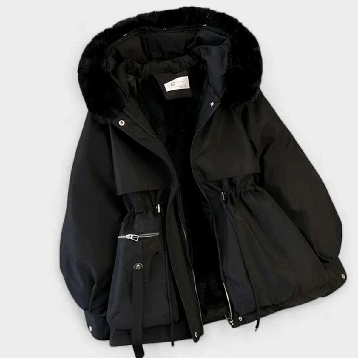 Chaqueta acolchada elegante de invierno de mujer con capucha de piel sintética y cintura ajustable con cordón