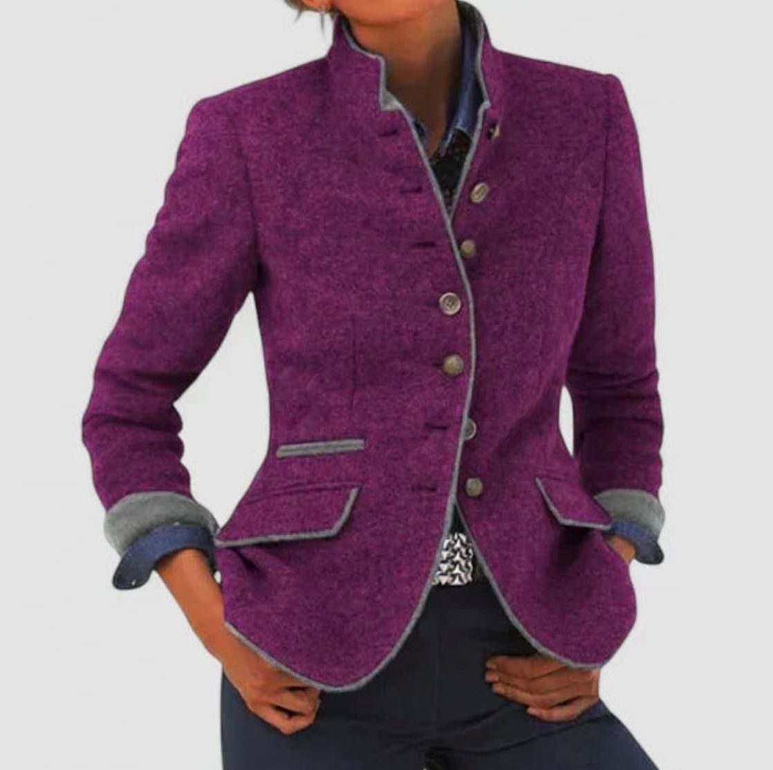 Cárdigan blazer elegante de mujer con cuello mao y botones