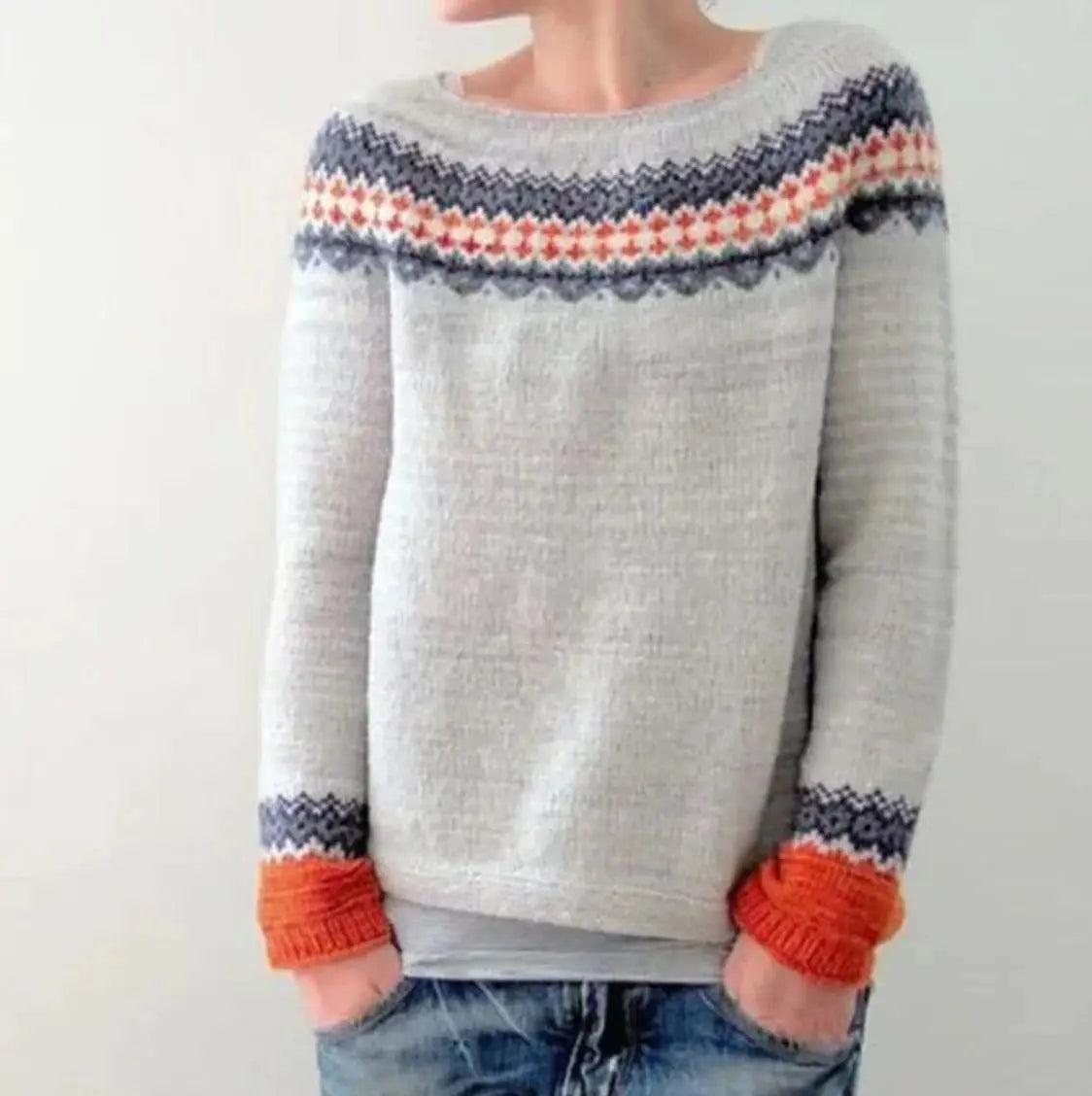 Jersey de punto Fair Isle de mujer con cuello redondo y manga larga