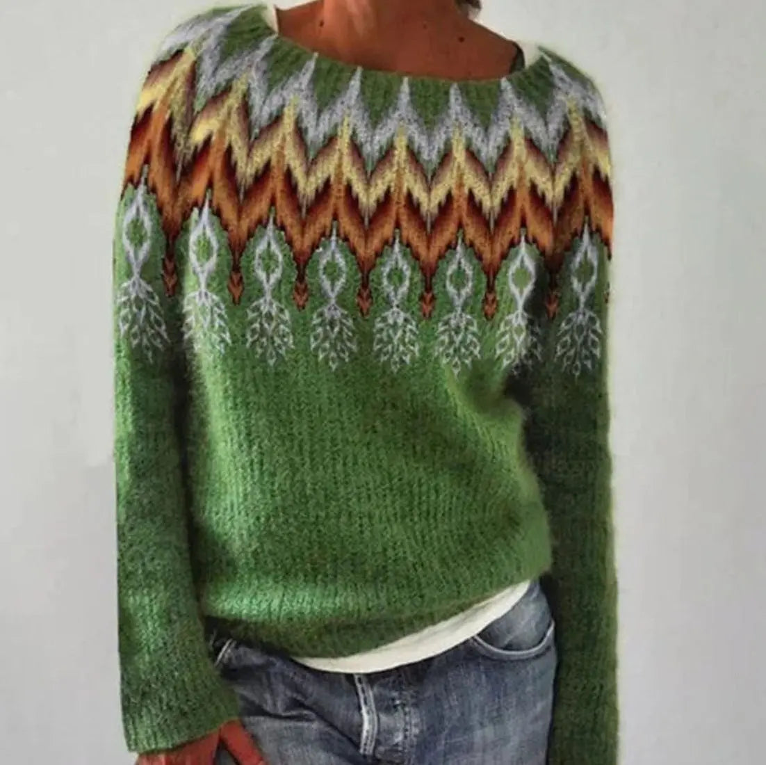 Jersey de punto Fair Isle de mujer con cuello redondo y manga larga