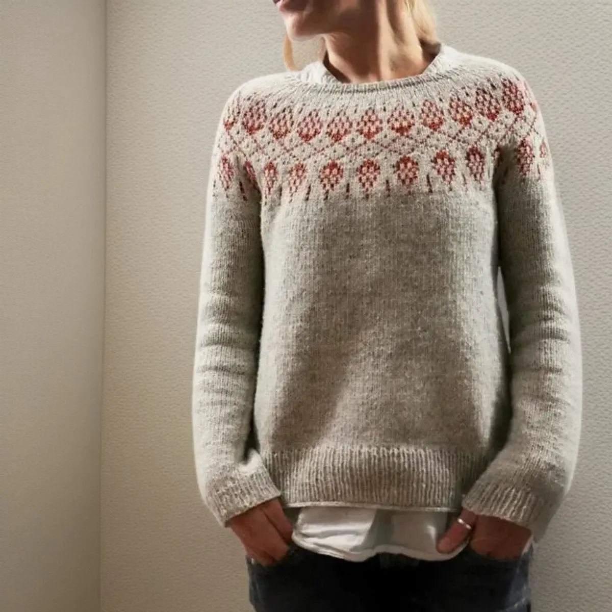 Jersey de punto islandés Fair Isle de mujer, corte relajado y cuello redondo