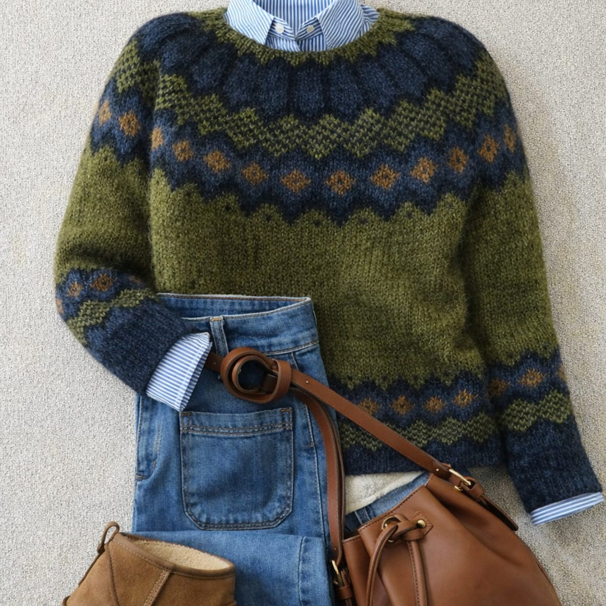 Jersey de punto nórdico Fair Isle de mujer con cuello redondo