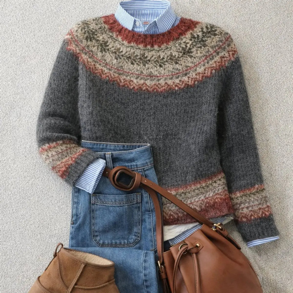 Jersey de punto nórdico Fair Isle de mujer, corte relajado y cuello redondo