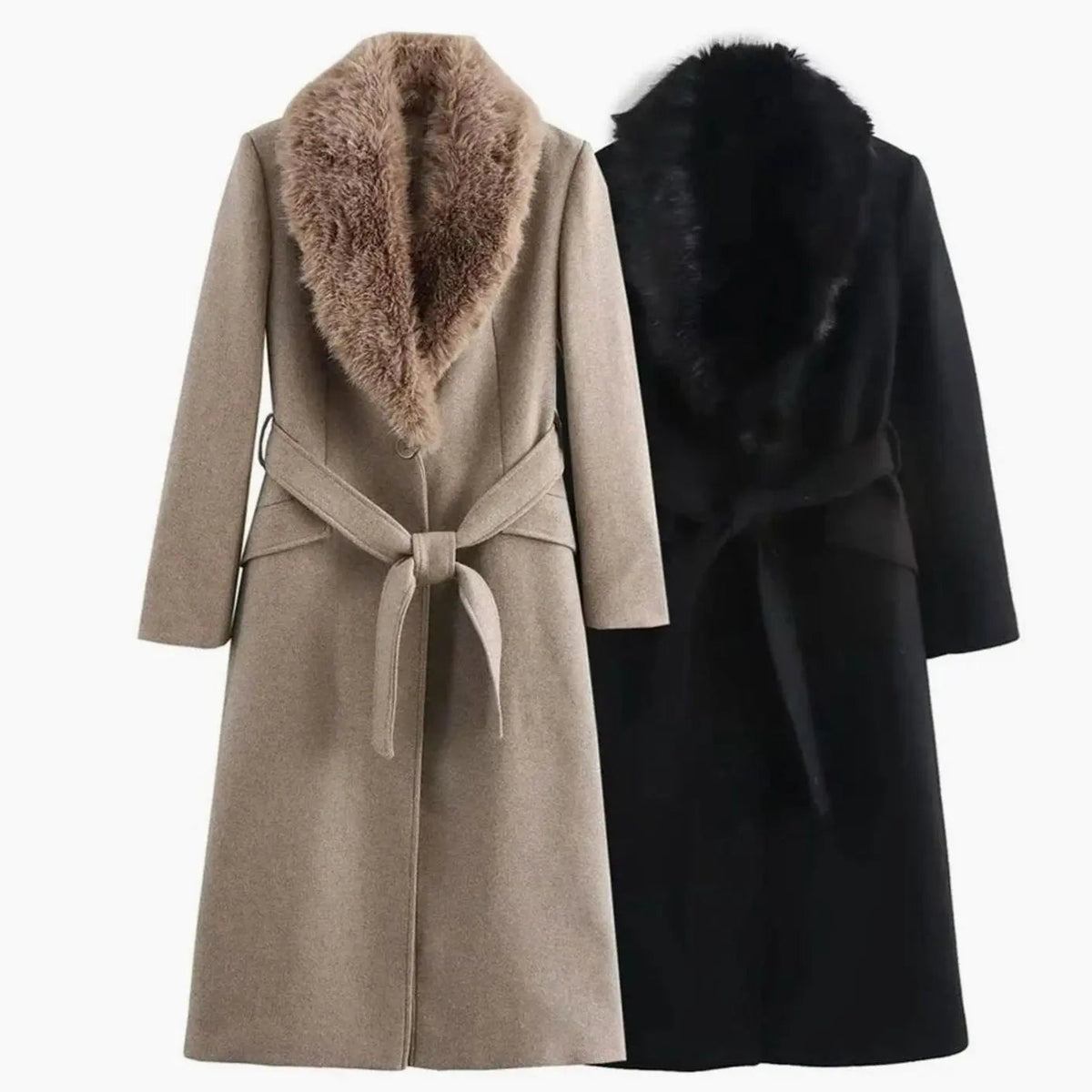 Abrigo largo de invierno de mujer con cuello de piel sintética y cinturón