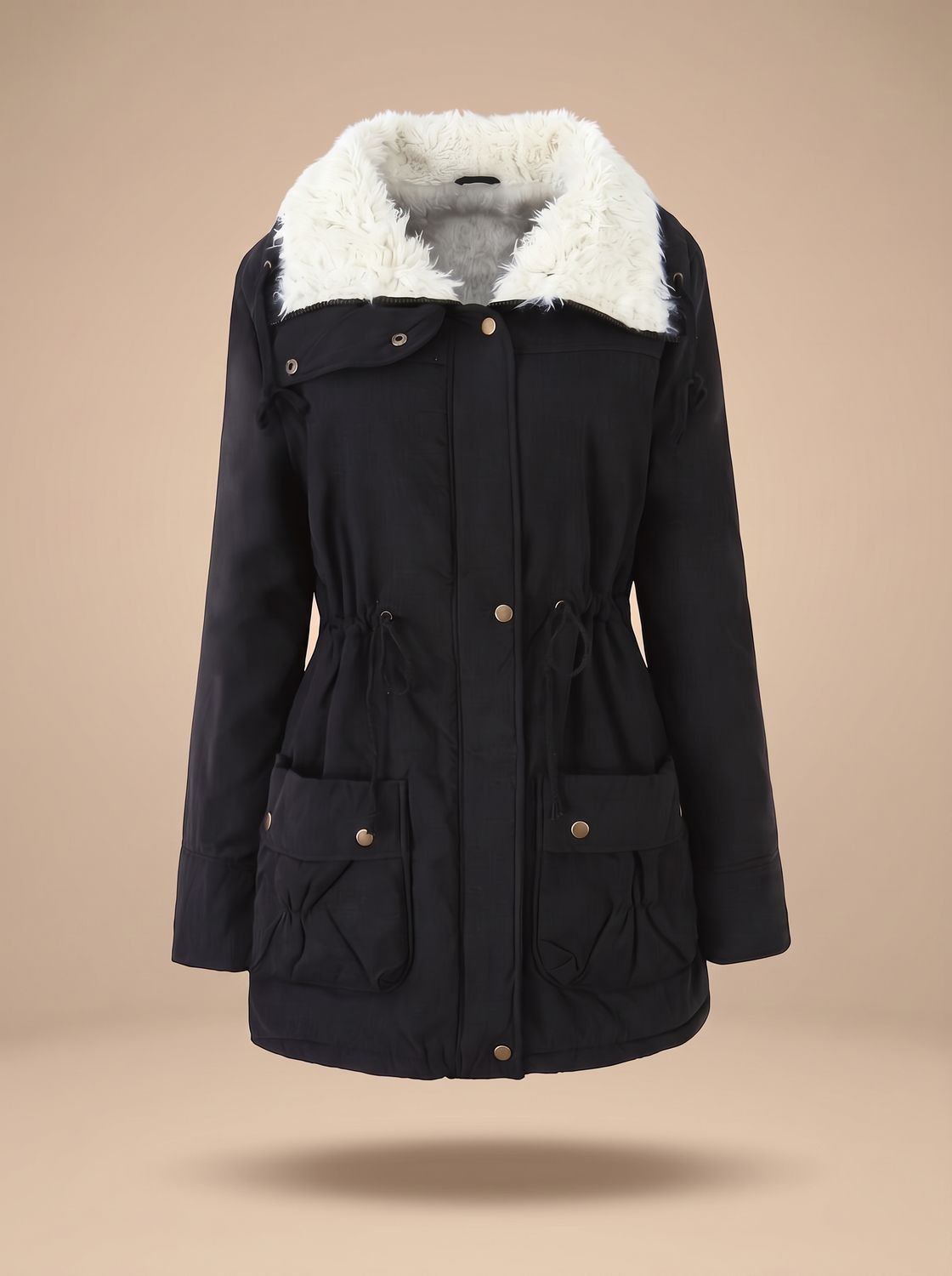 Parka de invierno de largo medio con cuello de piel sintética y cintura ajustable con cordón para mujer