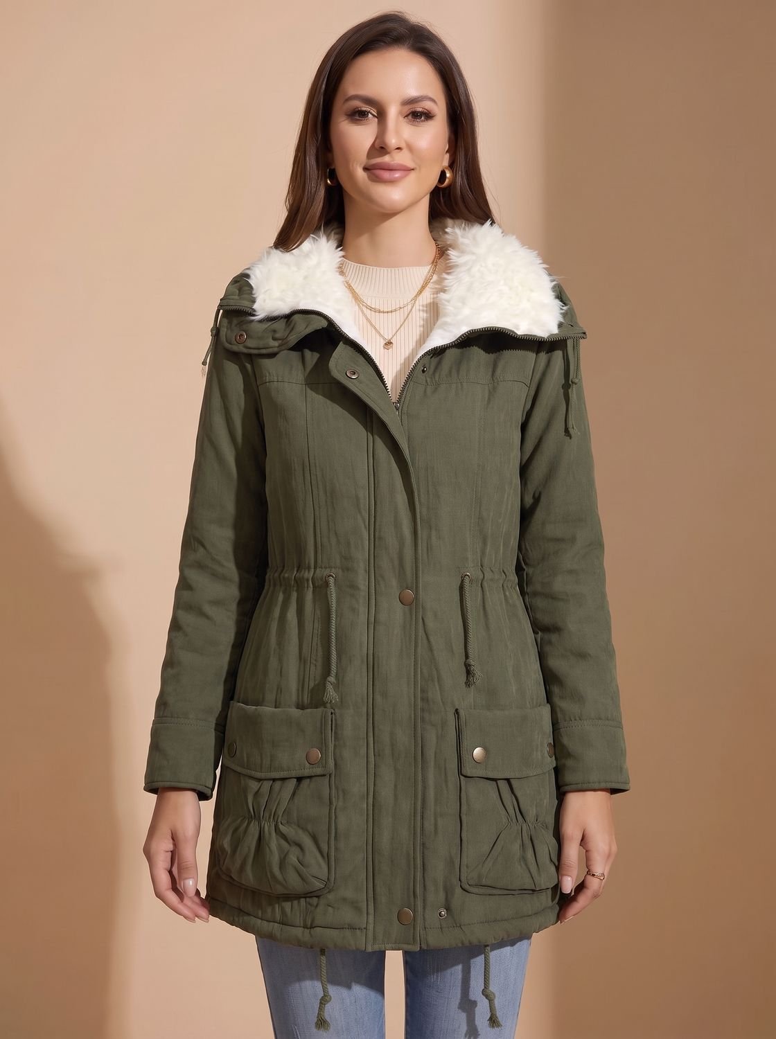 Parka de invierno de largo medio con cuello de piel sintética y cintura ajustable con cordón para mujer