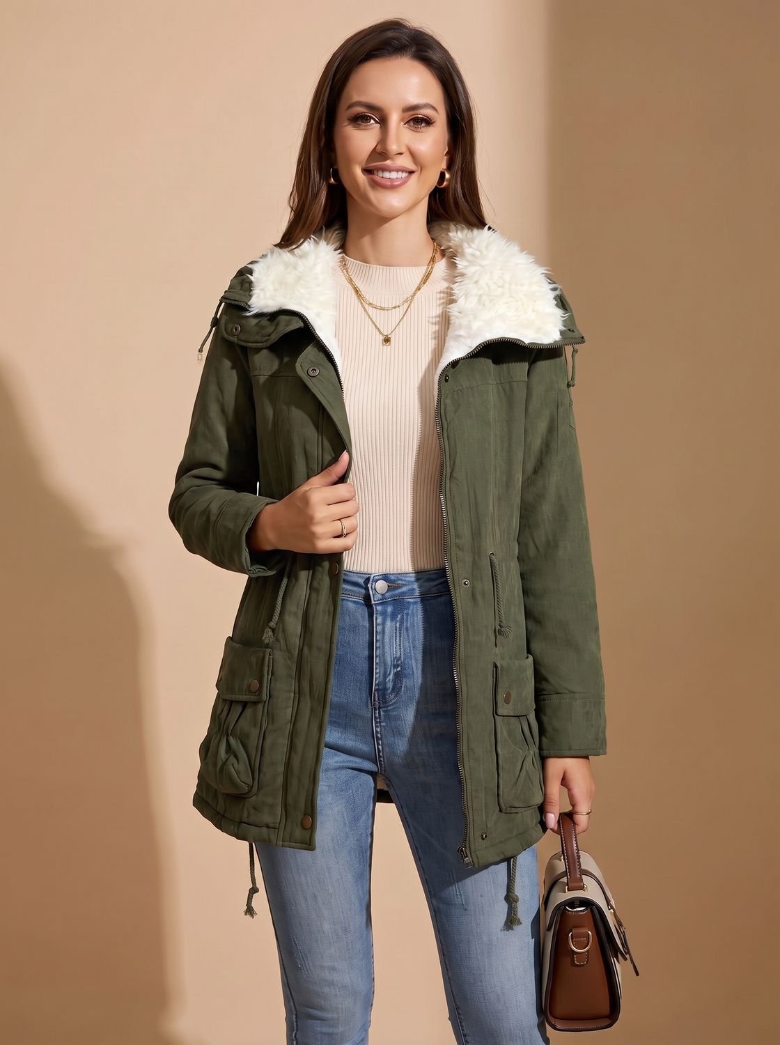 Parka de invierno de largo medio con cuello de piel sintética y cintura ajustable con cordón para mujer