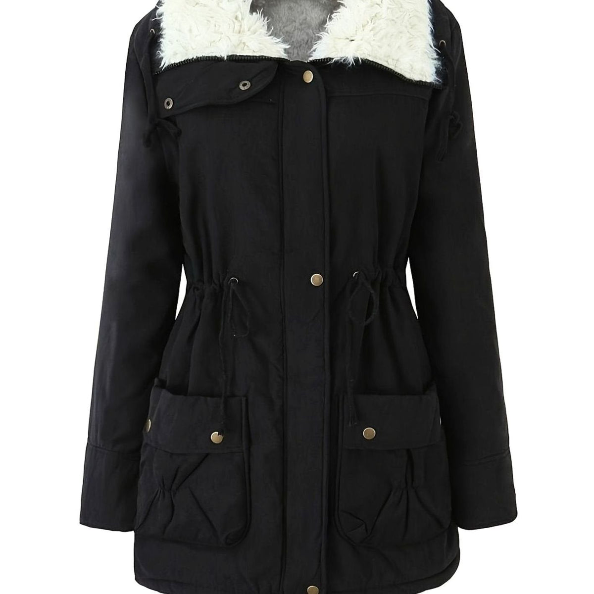 Parka de invierno con cuello de piel sintética y cintura ajustable con cordón para mujer