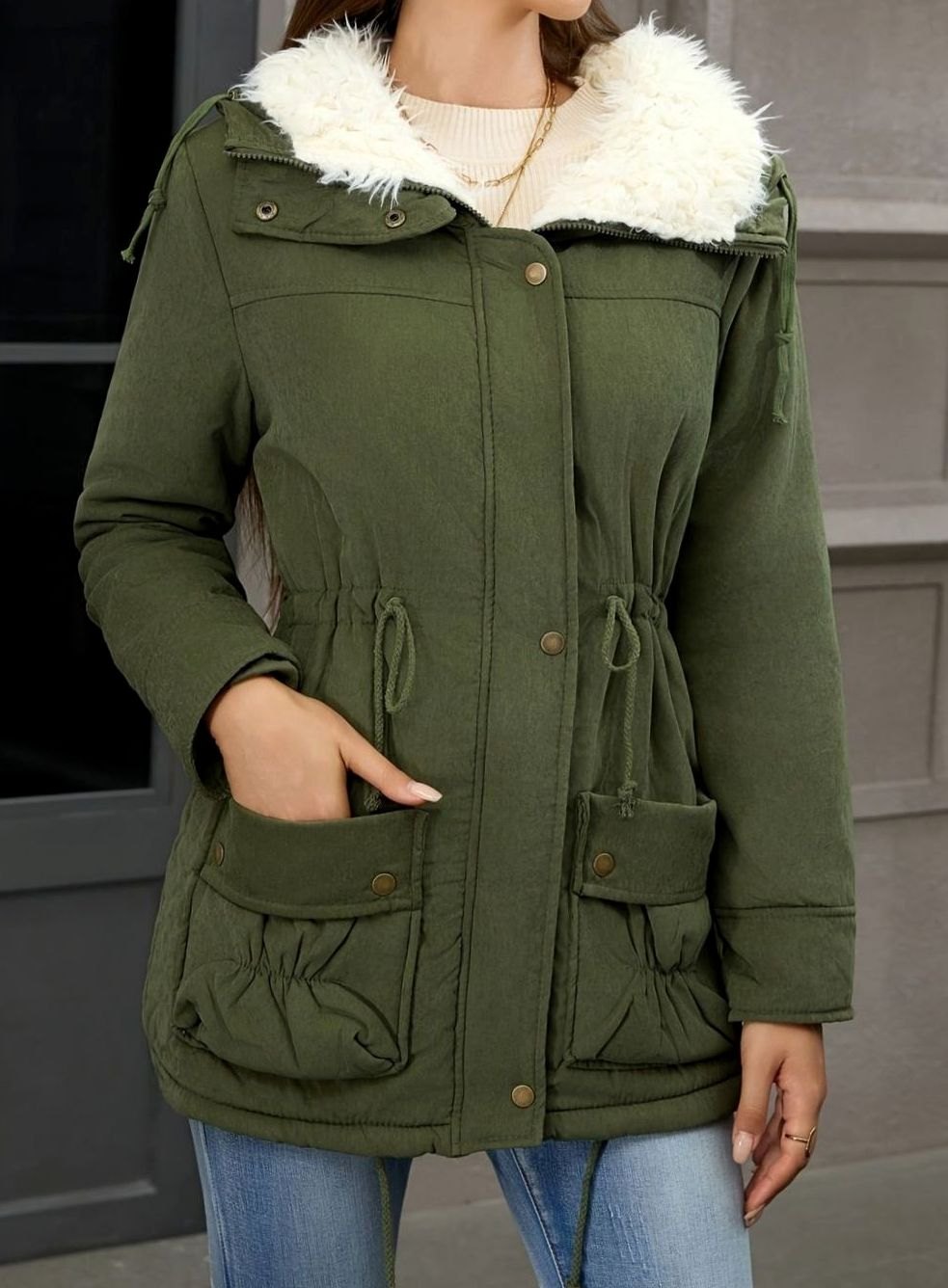 Parka de invierno con cuello de piel sintética y cintura ajustable con cordón para mujer