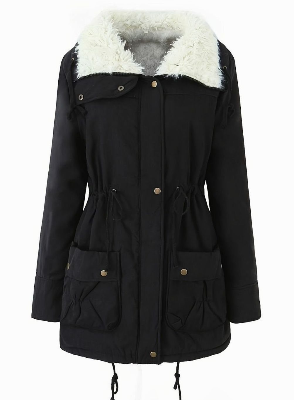 Parka de invierno con cuello de piel sintética y cintura ajustable con cordón para mujer