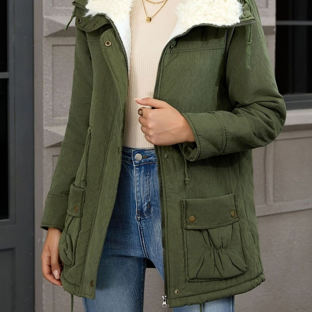 Parka de invierno con cuello de piel sintética y cintura ajustable con cordón para mujer