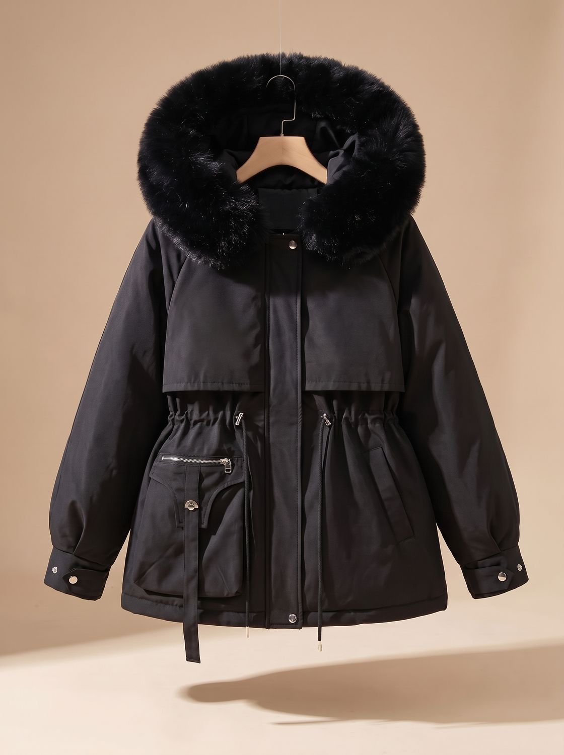Chaqueta acolchada de piel sintética con capucha, cordón y cintura ajustada para mujer