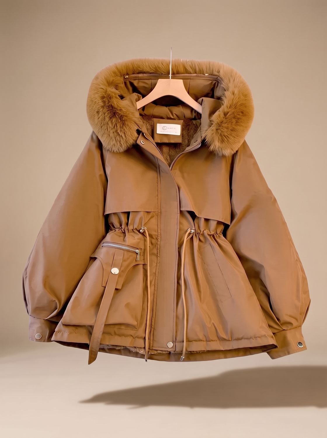 Chaqueta acolchada de piel sintética con capucha, cordón y cintura ajustada para mujer