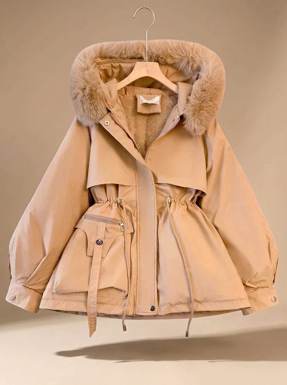 Chaqueta acolchada de piel sintética con capucha, cordón y cintura ajustada para mujer