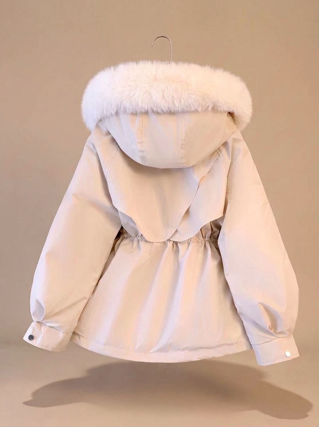 Chaqueta acolchada de piel sintética con capucha, cordón y cintura ajustada para mujer