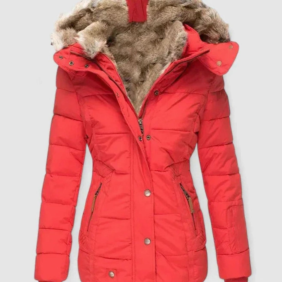 Abrigo acolchado de invierno de mujer con capucha de piel sintética