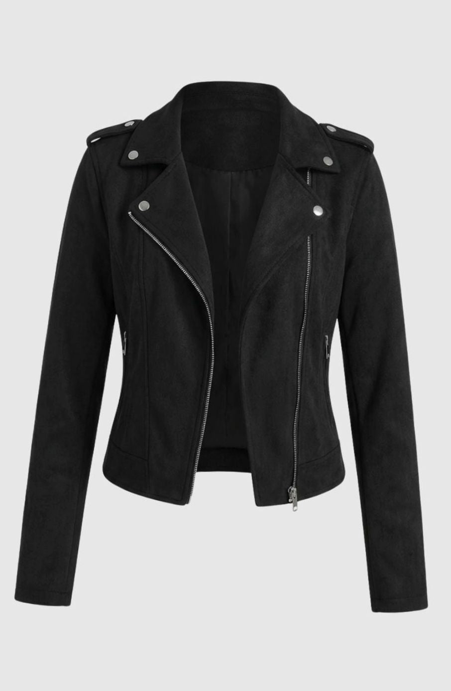 Chaqueta motera de ante sintético con cremallera asimétrica para mujer