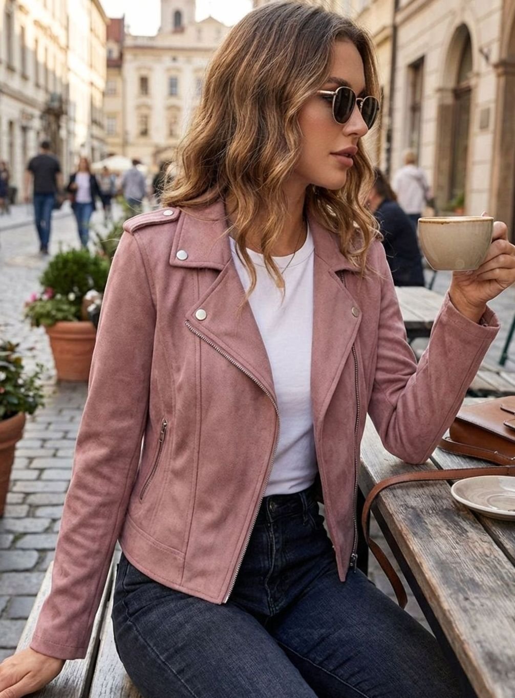 Chaqueta motera de ante sintético con cremallera asimétrica para mujer