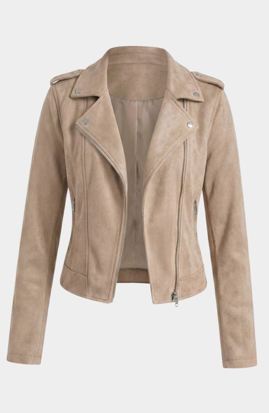 Chaqueta motera de ante sintético con cremallera asimétrica para mujer