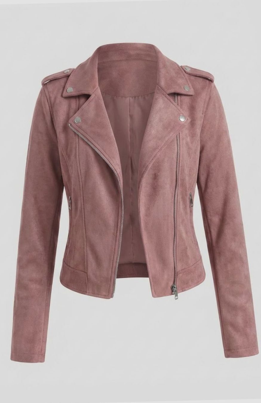 Chaqueta motera de ante sintético con cremallera asimétrica para mujer