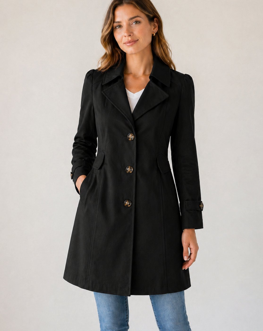 Gabardina corta entallada de corte sastre y con botones para mujer